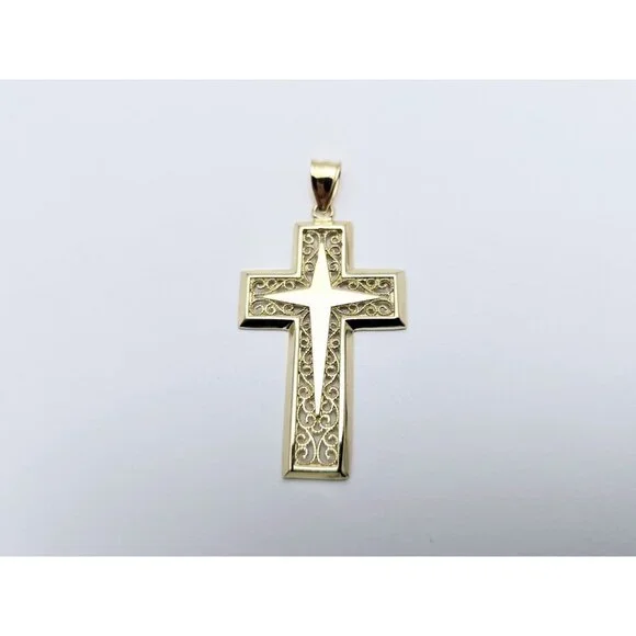 Beautiful 14K Karat Solid Yellow Gold Religious Designer Cross Charm Pendant